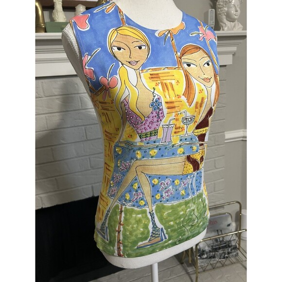 Rare Woman’s Euro Y2K Beaded Embroidered Graphic Cartoon Print Tank Size Large - Picture 2 of 7